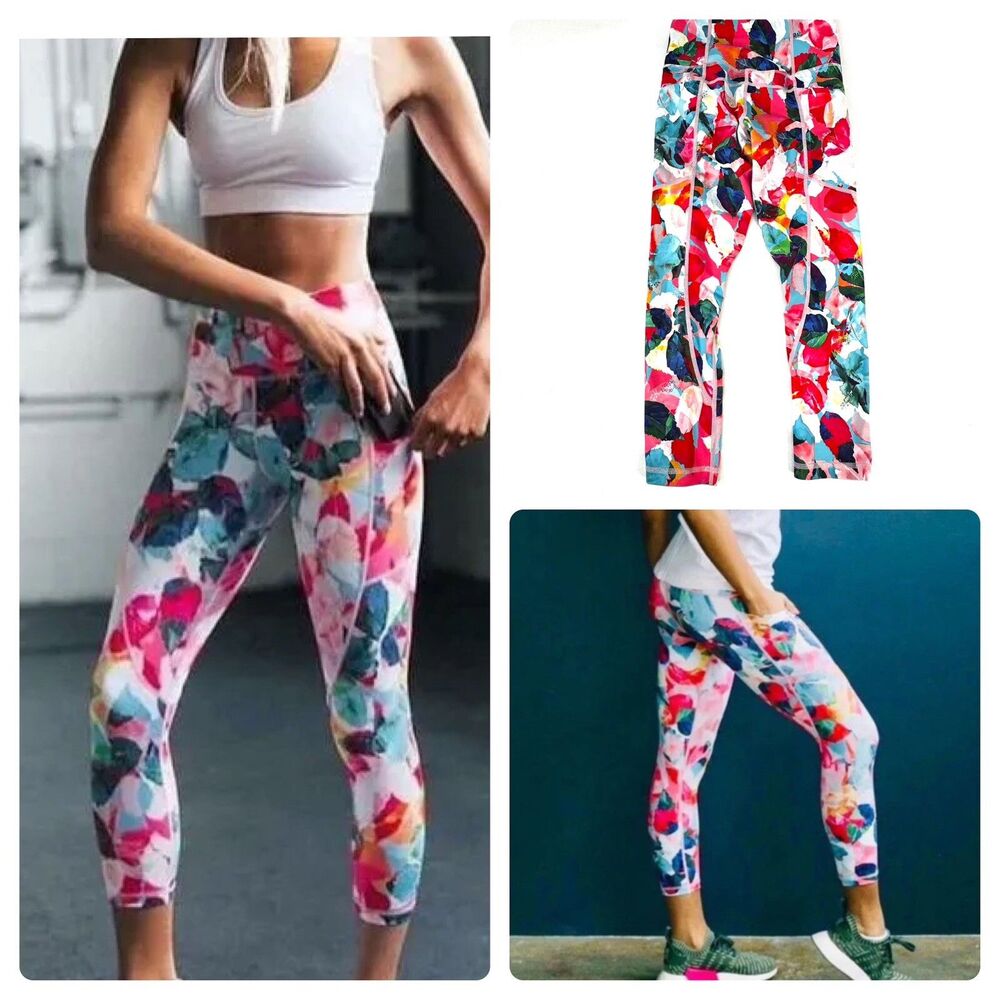 Zyia Active Light N Tight Leggings Size 2 Pink Foral Zippered Pocket Capri